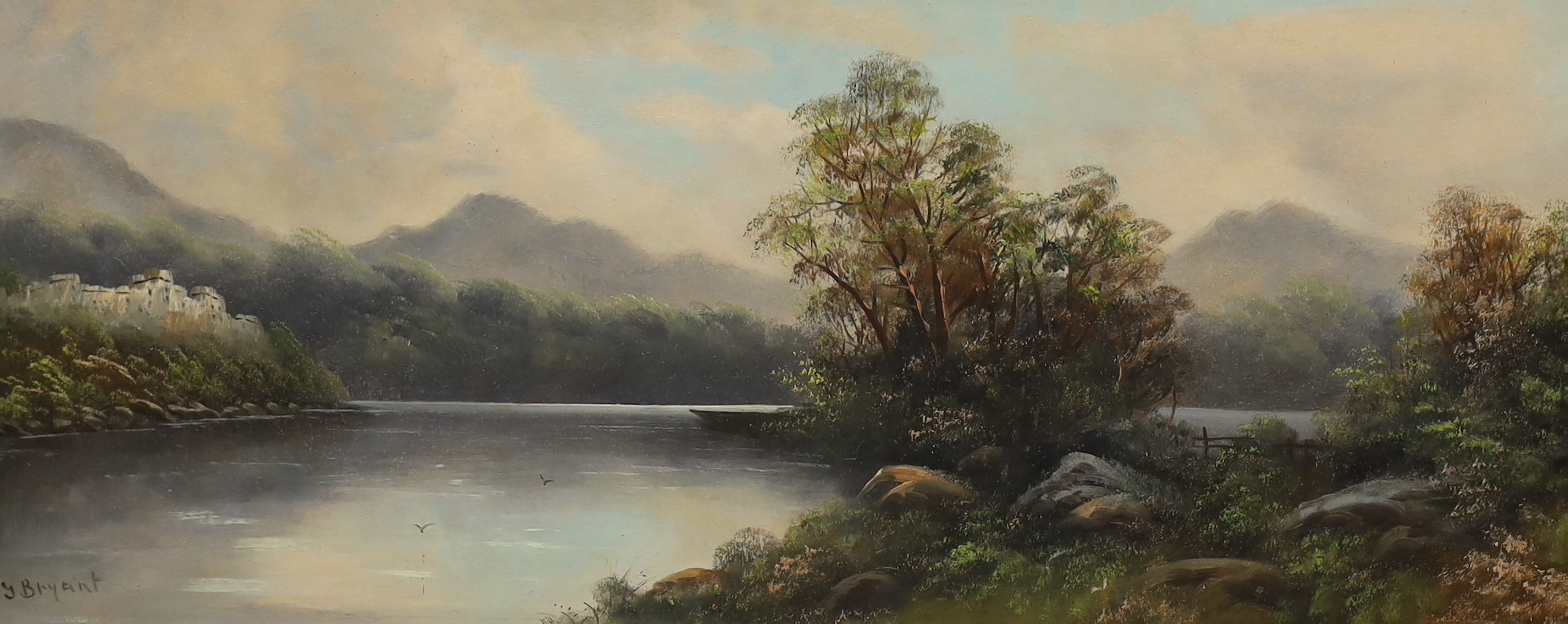 J Bryant (20th. C), panoramic oil on board, Riverscape, signed, 45 x 109cm